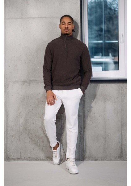 Lars Selanik Örme Kumaş Yarım Fermuar Erkek Sweatshirt - Kahve