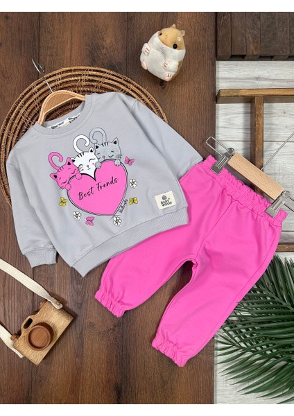 Pamuklu Mevsimlik Kedicik Detaylı 2li Kız Bebek Takım