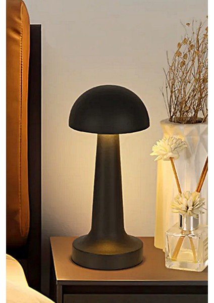 Mantar Model Retro Masa Lambası Siyah Dimmerli Şarjlı Dekoratif Masaüstü Dekoratif Mantar Lamba
