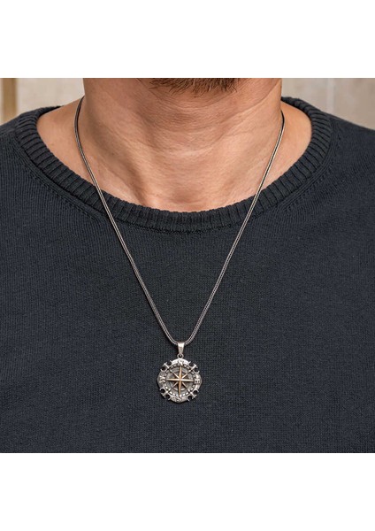 Gümüş Oksitli Pusula Erkek Kolye