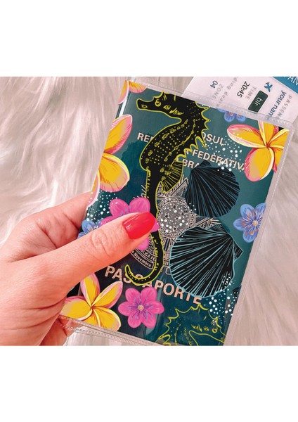 Tüm Ülke Pasaportları ile Uyumlu Şeffaf Pvc Baskılı Cepli Pasaport Kılıfı Kabı - Deniz Atı