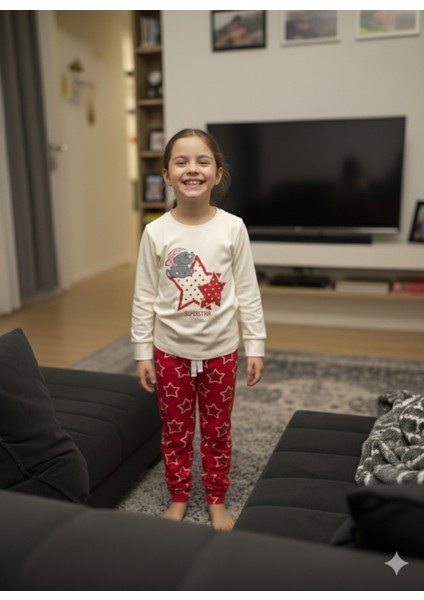 Kız Çocuk Pijama Takımı %100 Pamuk Uzun Kollu Kışlık Filli Yıldızlı Kırmızı Beyaz