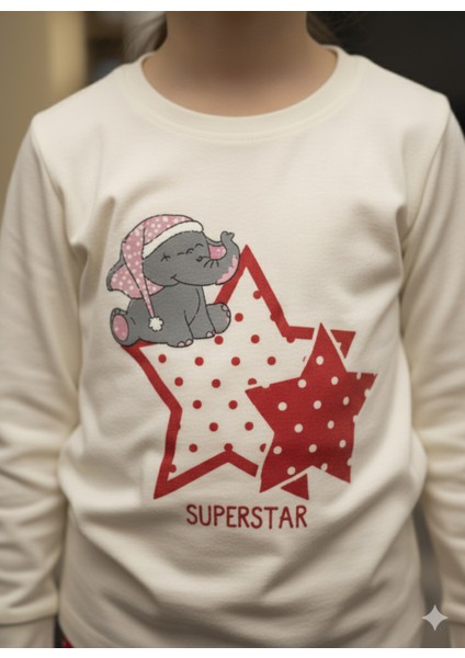 Kız Çocuk Pijama Takımı %100 Pamuk Uzun Kollu Kışlık Filli Yıldızlı Kırmızı Beyaz fırsatları