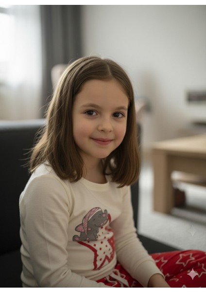 Kız Çocuk Pijama Takımı %100 Pamuk Uzun Kollu Kışlık Filli Yıldızlı Kırmızı Beyaz indirimleri