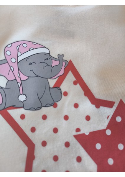 Kız Çocuk Pijama Takımı %100 Pamuk Uzun Kollu Kışlık Filli Yıldızlı Kırmızı Beyaz