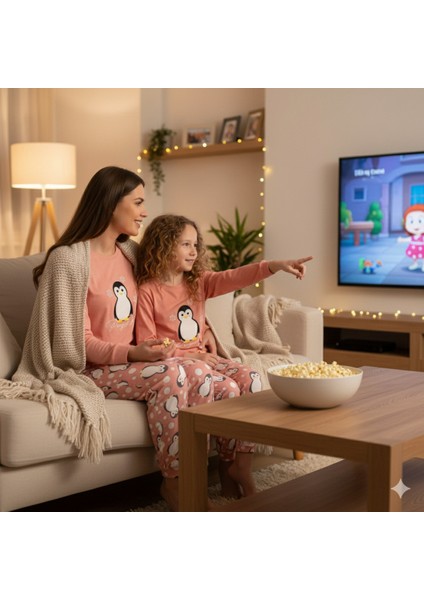 Anne Kız Pijama Takımı Luxury Termal %100 Pamuk Termal Somon Nakışlı Penguenli