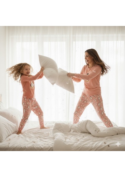 Anne Kız Pijama Takımı Luxury Termal %100 Pamuk Termal Somon Nakışlı Penguenli fiyatları