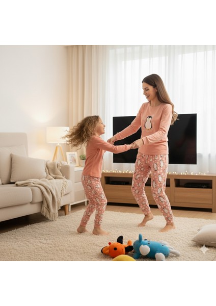 Anne Kız Pijama Takımı Luxury Termal %100 Pamuk Termal Somon Nakışlı Penguenli fırsatları