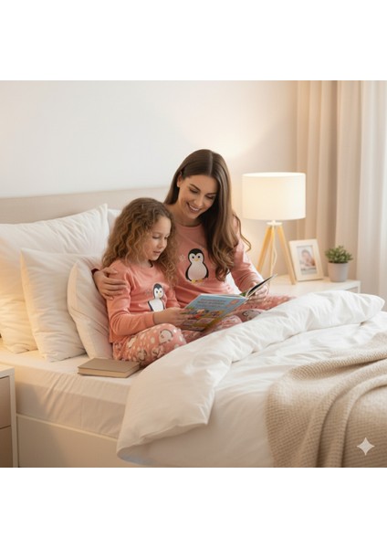 Anne Kız Pijama Takımı Luxury Termal %100 Pamuk Termal Somon Nakışlı Penguenli indirimleri