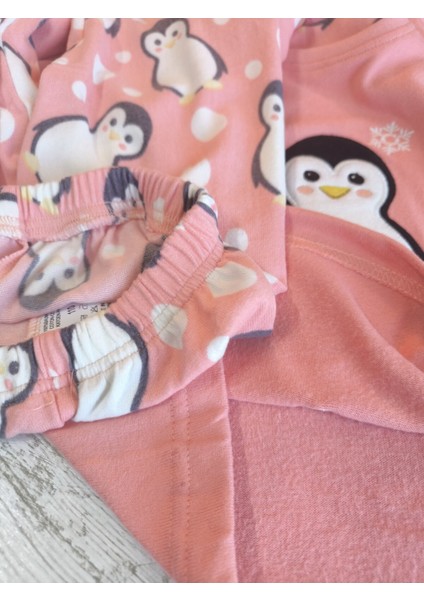 Anne Kız Pijama Takımı Luxury Termal %100 Pamuk Termal Somon Nakışlı Penguenli