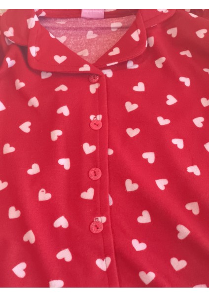 Anne Kız Pijama Takımı Premium Süet Uyku Bantlı Önden Düğmeli Uzun Kollu Kışlık Kalpli Kırmızı