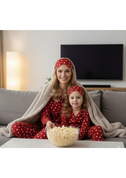 Anne Kız Pijama Takımı Premium Süet Uyku Bantlı Önden Düğmeli Uzun Kollu Kışlık Kalpli Kırmızı