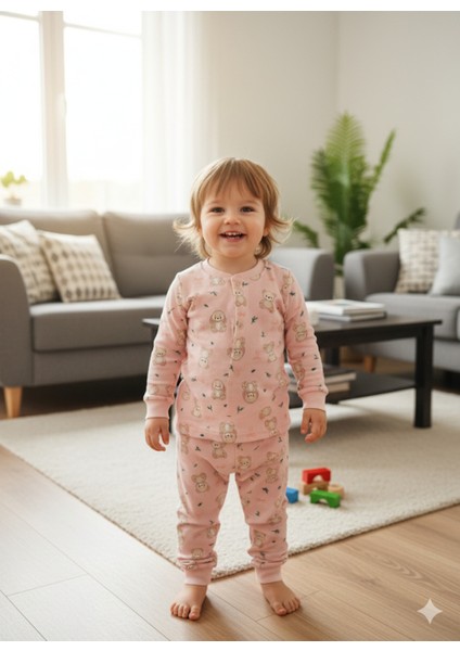 Kız-Erkek Bebek- Çocuk Pijama Takımı %100 Pamuk Uzun Kollu Önü Çıtçıtlı Mevsimlik