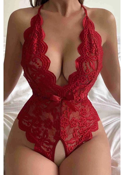 Özel Bölgesi Açık Dantelli Kırmızı Fantazi Babydoll TM1278
