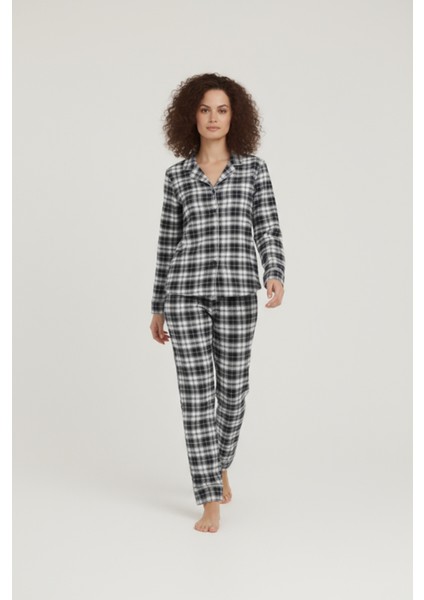 Luxury Viscose Lacivert Ekose Desenli Kadın Uzun Kollu Pijama Takımı – 42576