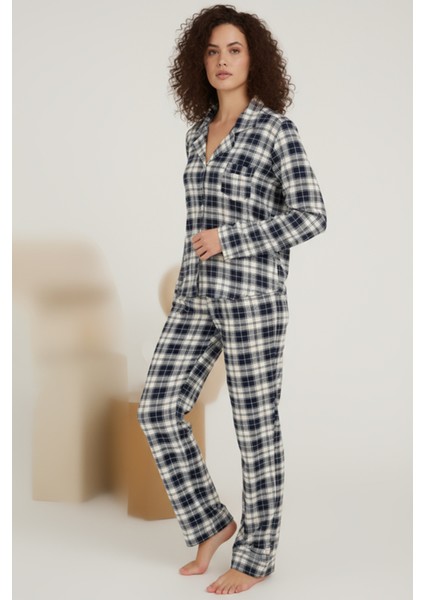 Luxury Viscose Lacivert Ekose Desenli Kadın Uzun Kollu Pijama Takımı – 42576 fiyatları