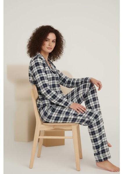 Luxury Viscose Lacivert Ekose Desenli Kadın Uzun Kollu Pijama Takımı – 42576 fırsatları