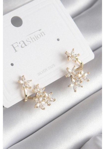 Pirinç Gold Renk Zirkon Taşlı Çiçek Tasarım Kadın Küpe - TJ-BKP8605