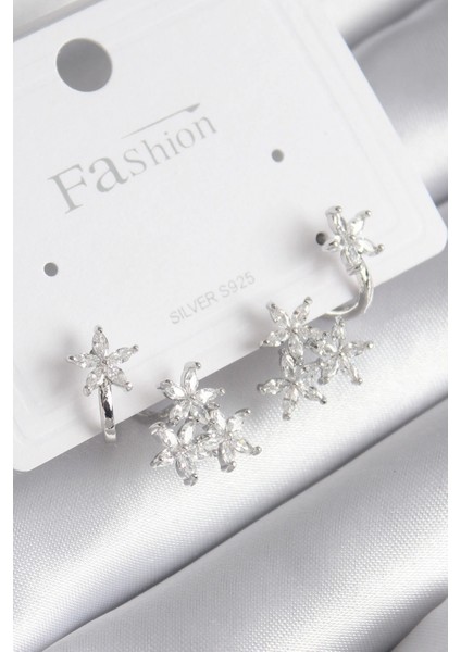 Pirinç Gümüş Renk Zirkon Taşlı Çiçek Tasarım Kadın Küpe - TJ-BKP8606