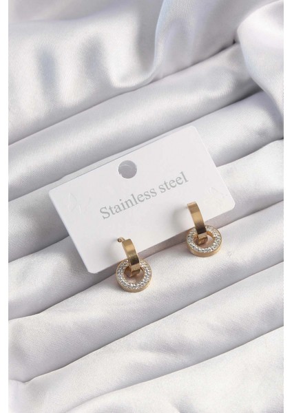 316L Çelik Altın Renk Zirkon Taşlı Halka Model Küpe - TJ-BKP9499