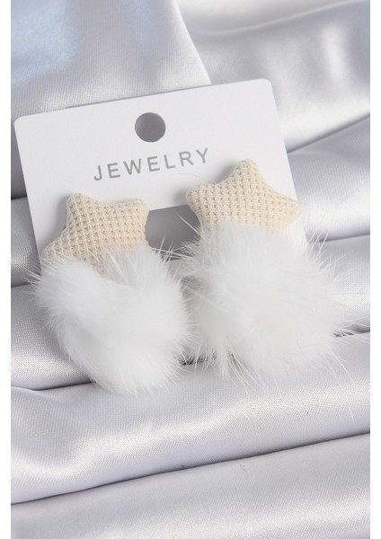 Beyaz Renk Tüylü Yıldız Ponpon Model Kadın Küpe - TJ-BKP9557
