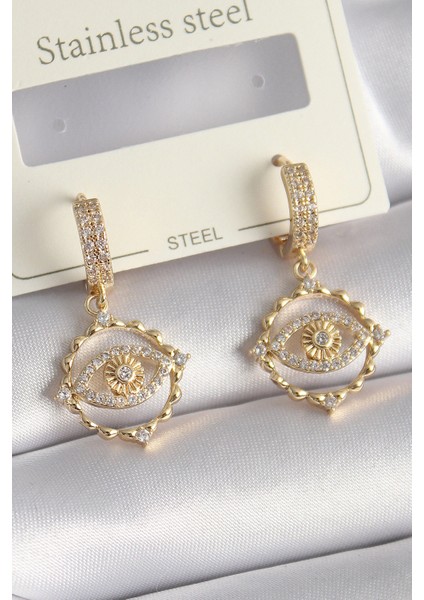 Pirinç Gold Renk Zirkon Taşlı Göz Model Kadın Küpe - TJ-BKP9733