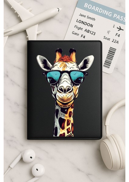 Tüm Ülke Pasaportları Için Siyah Vinleks Deri Pasaport Kılıfı Kabı Süslü Zürafa