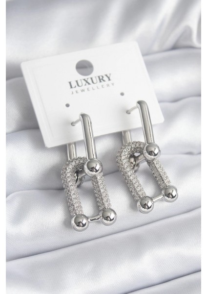 Pirinç Gümüş Renk Zirkon Taşlı Tiffany Model Vıp Seri Kadın Küpe - TJ-BKP8335