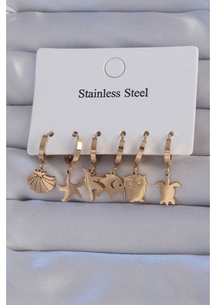 316L Çelik Gold Renk Zirkon Taşlı Hayvan Figürlü Deniz Yıldızı Model Halka Küpe Seti - TJ-BKP9155