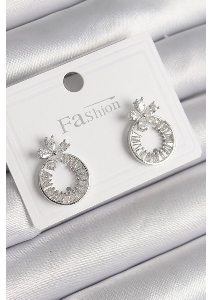 Pirinç Gümüş Renk Zirkon Taşlı Halka Model Çiçek Figür Kadın Küpe - TJ-BKP9761