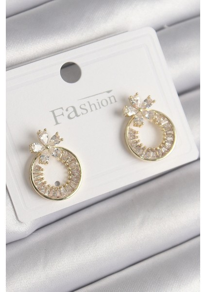 Pirinç Gold Renk Zirkon Taşlı Halka Model Çiçek Figür Kadın Küpe - TJ-BKP9762