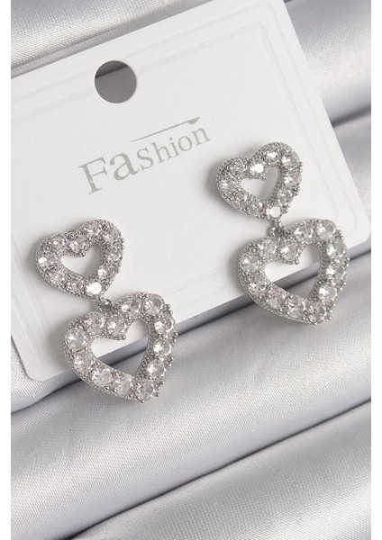 Pirinç Gümüş Renk Zirkon Taşlı Sallantı Kalp Model Kadın Küpe - TJ-BKP9765