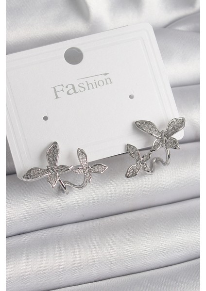 Pirinç Gümüş Renk Zirkon Taşlı Kelebek Model Kadın Küpe - TJ-BKP9839