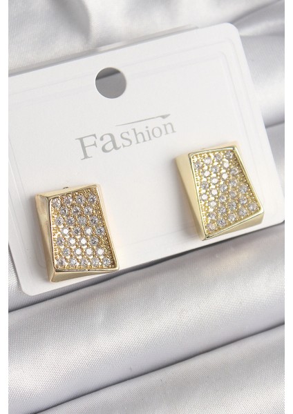 Pirinç Gold Renk Zirkon Taşlı Plaka Model Kadın Küpe - TJ-BKP9848