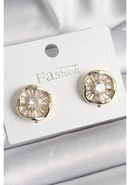 Pirinç Gold Renk Zirkon Taşlı Yonca Model Kadın Küpe - TJ-BKP9850