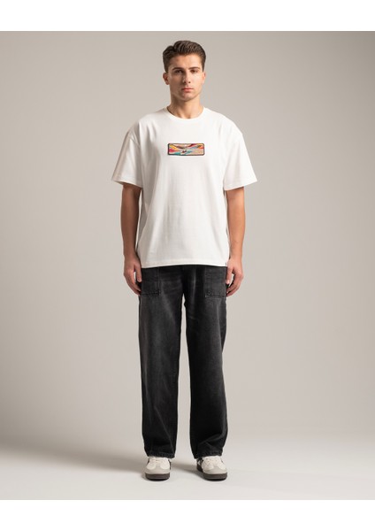 Current Erkek Oversize Fit %100 Organik Pamuk Kalın Dokulu Bisiklet Yakalı Nakışlı Kırık Beyaz T-Shirt