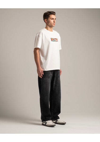 Current Erkek Oversize Fit %100 Organik Pamuk Kalın Dokulu Bisiklet Yakalı Nakışlı Kırık Beyaz T-Shirt fiyatları