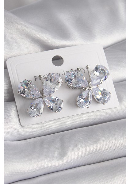 Pirinç Gümüş Renk Zirkon Taşlı Kelebek Model Kadın Küpe - TJ-BKP9613