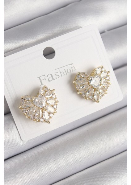 Pirinç Gold Renk Zirkon Taşlı Kalp Model Kadın Küpe - TJ-BKP9750