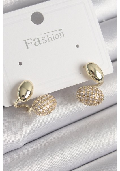 Pirinç Gold Renk Zirkon Taşlı Bombeli Model Kadın Küpe - TJ-BKP9754