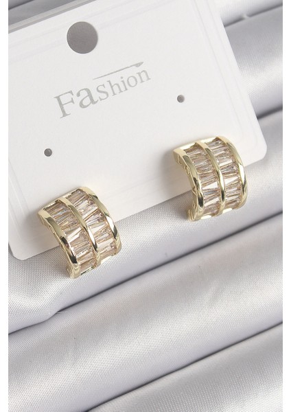 Pirinç Gold Renk Çift Sıra Zirkon Taşlı Kadın Küpe - TJ-BKP9756