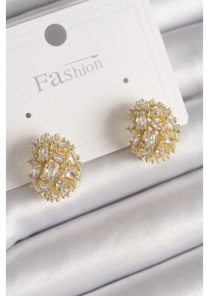 Pirinç Gold Renk Zirkon Taşlı Kadın Küpe - TJ-BKP9796