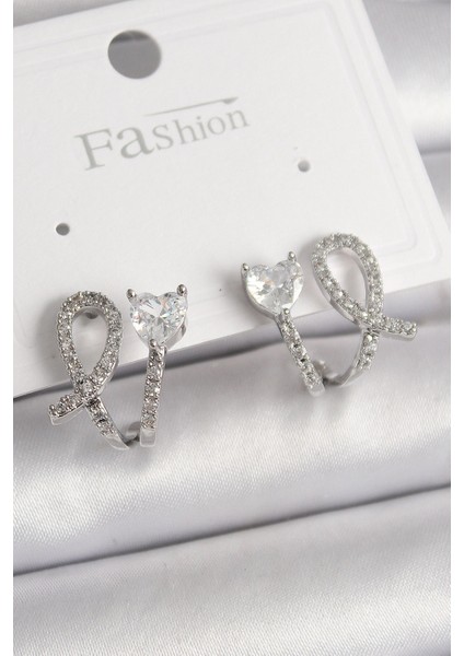 Pirinç Gümüş Renk Düğüm Model Zirkon Taşlı Kalp Detay Kadın Küpe - TJ-BKP9910