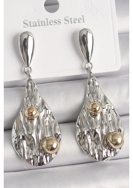 Pirinç Gümüş Renk Sallantı Damla Model Gold Topçuk Detay Kadın Küpe - TJ-BKP10088