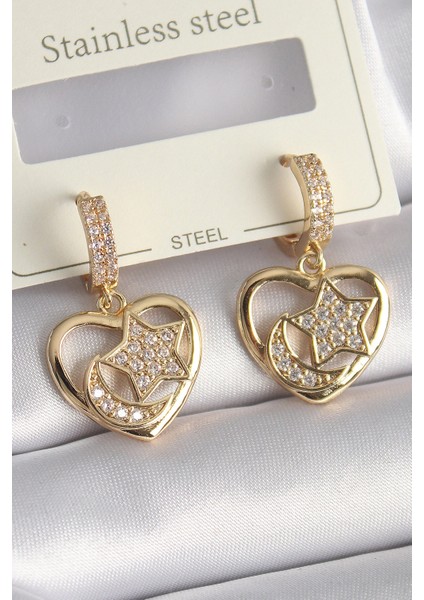 Pirinç Gold Renk Zirkon Taşlı Kalp Model Ay Yıldız İşleme Kadın Küpe - TJ-BKP9737