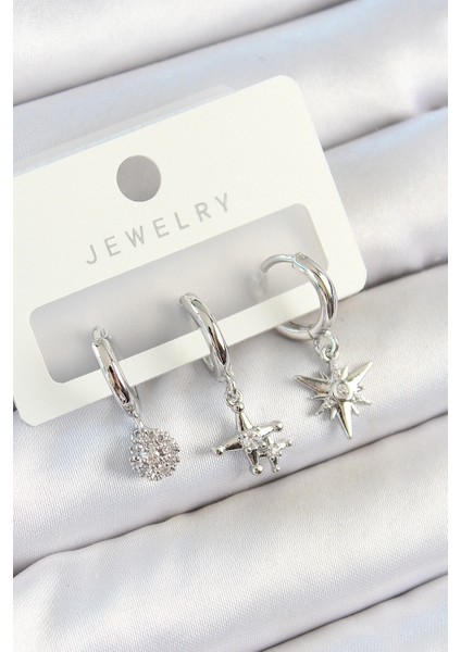 Pirinç Zirkon Taşlı Kutup Yıldızı Model Gümüş Renk 3'lü Çift Kadın Küpe Set - TJ-BKP10807