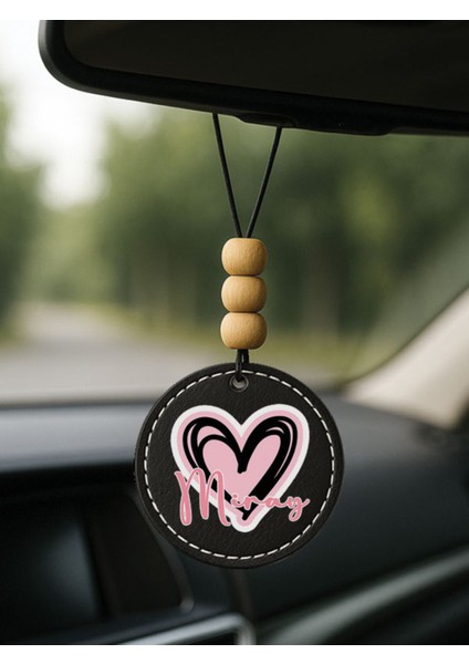 Kişiye Özel Isim Yazılı 1.sınıf Deri Oto Aksesuar Dikiz Aynası Süsü Siyah - Karalama Kalp