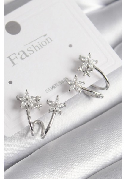 Pirinç Gümüş Renk Zirkon Taşlı Çiçek Model Kadın Küpe - TJ-BKP9746