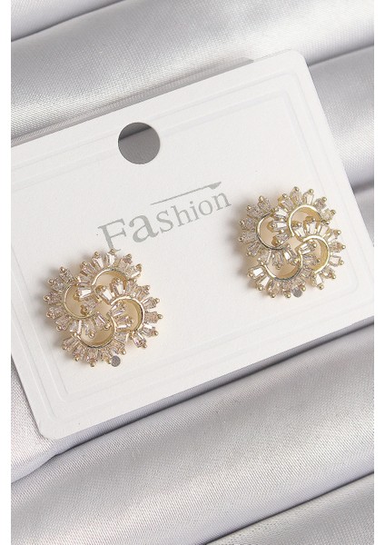 Pirinç Gold Renk Zirkon Taşlı Yonca Model Kadın Küpe - TJ-BKP9792