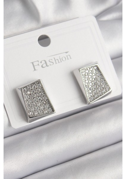 Pirinç Gümüş Renk Zirkon Taşlı Plaka Model Kadın Küpe - TJ-BKP9849